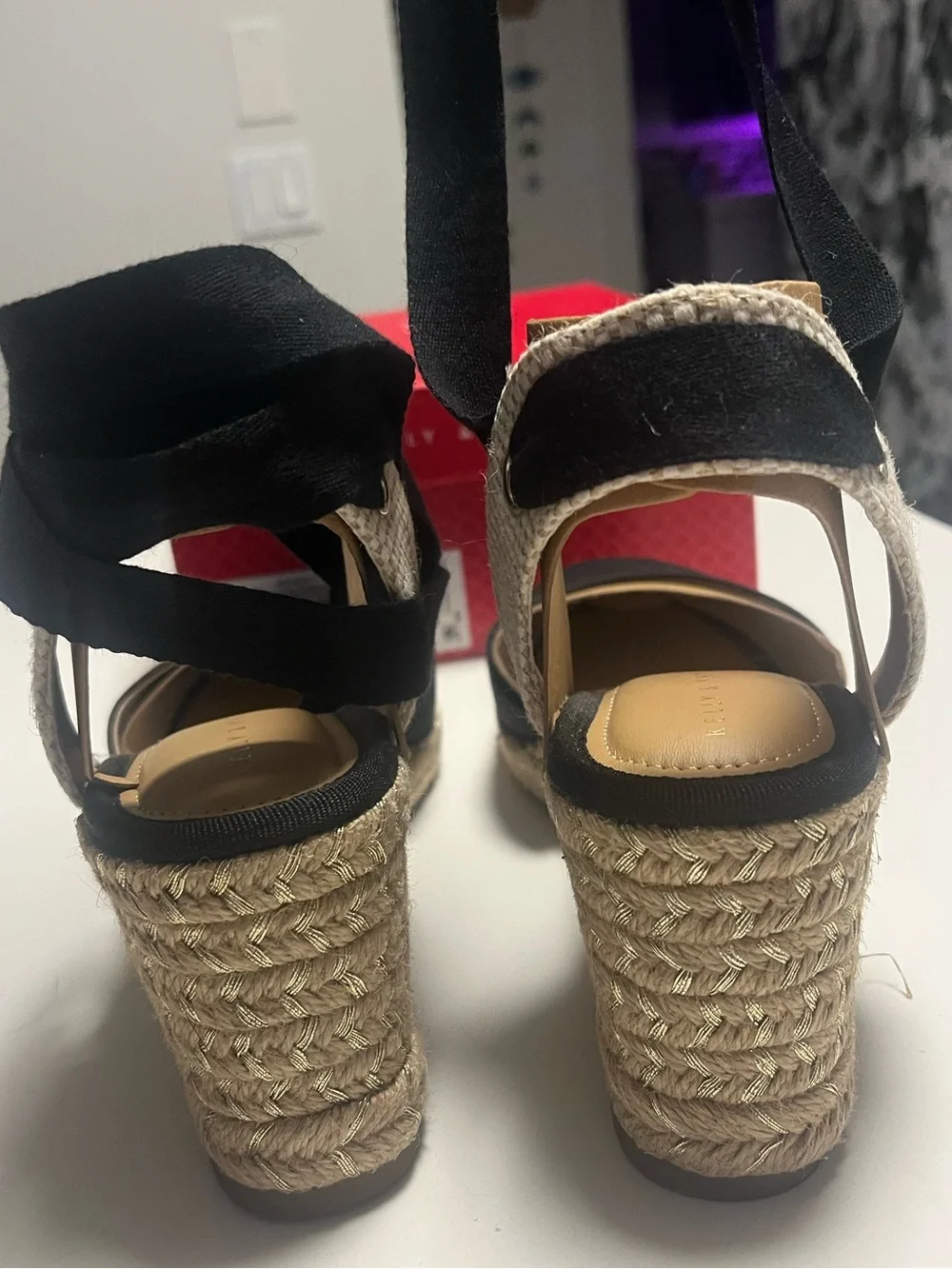 Kelly & Katie Black Espadrille Wedge Sandals with Ankle Tie, size 10